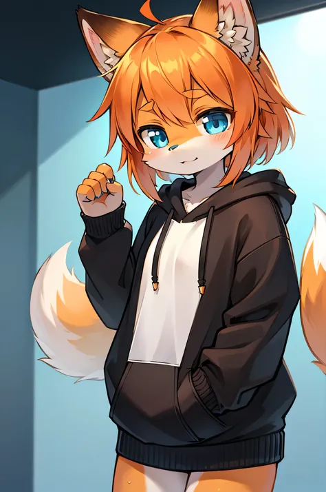 (meilleure qualité,haute résolution),kemono,fourrure orange,cheveux orange clair,sweatshirt à capuche,renard, mur bleu sur fond,yeux bleus