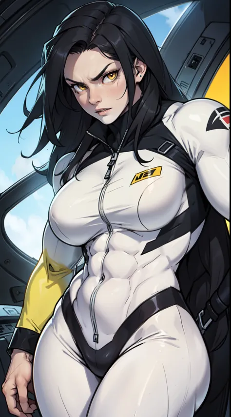 1 girl, black hair, yellow eyes, very long hair, pale skin, ((((extremely muscular)))), large breasts, (confident expression), pilot suit, close up