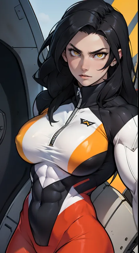 1 girl, black hair, yellow eyes, very long hair, pale skin, ((((extremely muscular)))), large breasts, (confident expression), pilot suit, close up