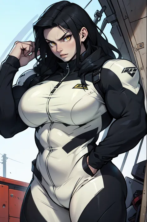 1 girl, black hair, yellow eyes, very long hair, pale skin, ((((extremely muscular)))), large breasts, (confident expression), pilot suit, close up