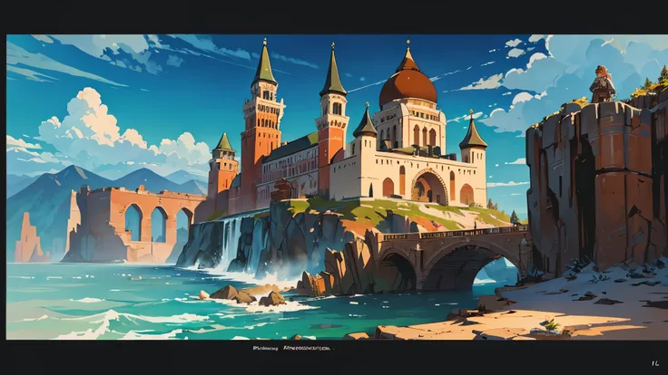 Architecture of Siberia before the Great Flood in steampunk style in ice cliffs, rusted iron Kremlin, watchtowers and walls with loophole arches, transitional staircases, rusted iron bridge, harbor, mountains around, clouds, mixed technique, watercolor on ...