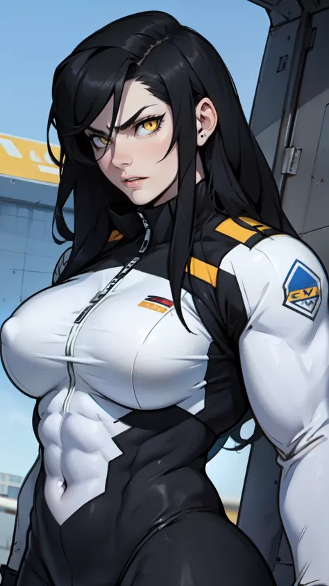 1 girl, black hair, yellow eyes, very long hair, pale skin, ((((extremely muscular)))), large breasts, (confident expression), pilot suit, close up