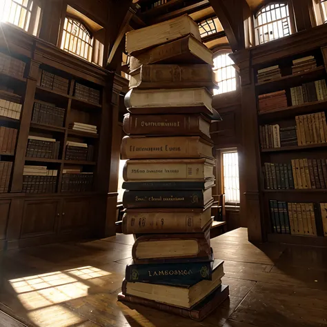 imagem de tom quente, em escalas de laranja, de uma grande biblioteca medieval antiga, com a luz do sol infiltrando sobre os livros, several open and closed books
