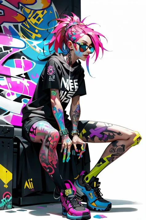 HD, (Best Detail) (Best Quality), Aalfi woman in sunglasses sitting in chair on sofa, (((Graffiti art))), (((Trigger studio style, graffiti art, rock punk, neon colors))), Carne Griffiths
