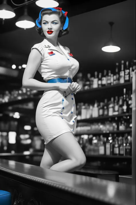 full body portrait of Betty (styled in a 1940s, Sailor Dress, highly detailed:1.3), (highly detailed face:1.8), (1940s Pompadour Hairstyle:1.3),  (slim body, (red lips:1.3), (blue eyes:1.3), large breasts, small hips:1.5), (leaning back on the bar:1.5), (b...