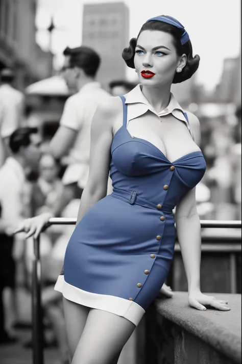 full body portrait of Betty (styled in a 1940s, Sailor Dress, highly detailed:1.3), (highly detailed face:1.8), (1940s Pompadour Hairstyle:1.3),  (slim body, (red lips:1.3), (blue eyes:1.3), (large breasts:1.3), small hips:1.5), (leaning back on the bar:1....