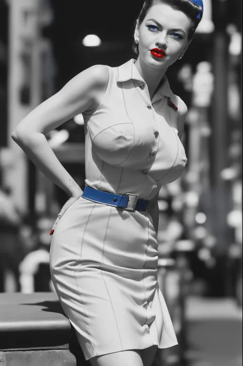 full body portrait of Betty (styled in a 1940s, Sailor Dress, highly detailed:1.3), (highly detailed face:1.8), (1940s Pompadour Hairstyle:1.3),  (slim body, (red lips:1.3), (blue eyes:1.3), (large breasts:1.3), small hips:1.5), (leaning back on the bar:1....