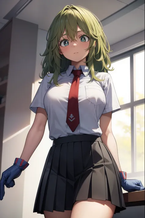 tooruhagakure, tooru hagakure, (green eyes:1.5), green hair, messy hair, multicolored hair, thick eyelashes, two-tone hair,
BREAK collared shirt, gloves, blue skirt, necktie, pleated skirt, red necktie, school uniform, shirt, skirt, u.a. school uniform, wh...