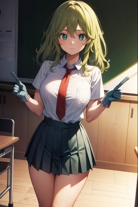 tooruhagakure, tooru hagakure, (green eyes:1.5), green hair, messy hair, multicolored hair, thick eyelashes, two-tone hair,
BREAK collared shirt, gloves, blue skirt, necktie, pleated skirt, red necktie, school uniform, shirt, skirt, u.a. school uniform, wh...