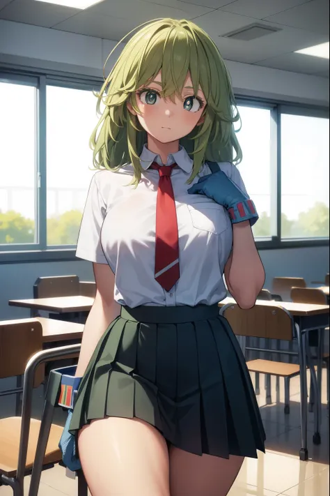 tooruhagakure, tooru hagakure, (green eyes:1.5), green hair, messy hair, multicolored hair, thick eyelashes, two-tone hair,
BREAK collared shirt, gloves, blue skirt, necktie, pleated skirt, red necktie, school uniform, shirt, skirt, u.a. school uniform, wh...