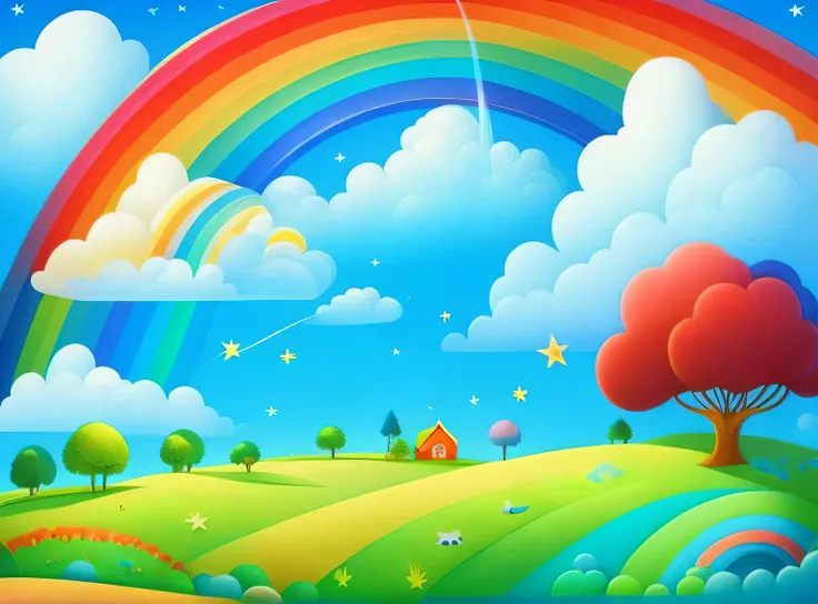 A landscape with a bright blue sky and a rainbow that stretches over a lush green field. Each color of the rainbow is well defined and intense, magical, childrens picture book