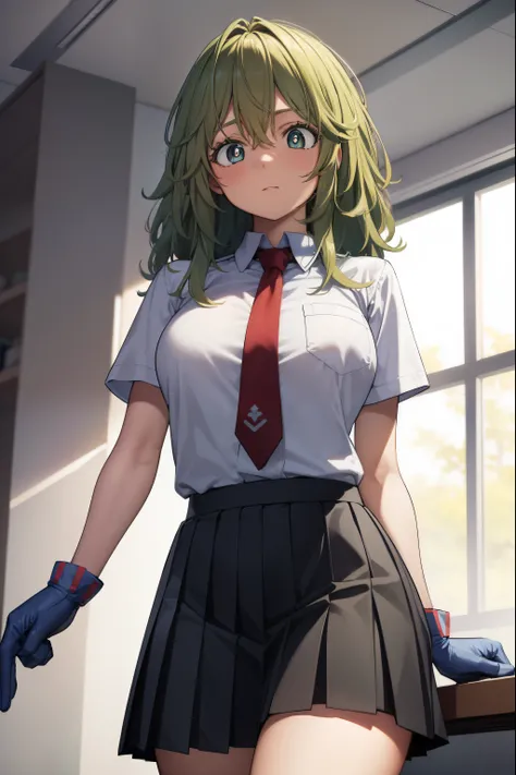 tooruhagakure, tooru hagakure, (green eyes:1.5), green hair, messy hair, multicolored hair, thick eyelashes, two-tone hair,
BREAK collared shirt, gloves, blue skirt, necktie, pleated skirt, red necktie, school uniform, shirt, skirt, u.a. school uniform, wh...