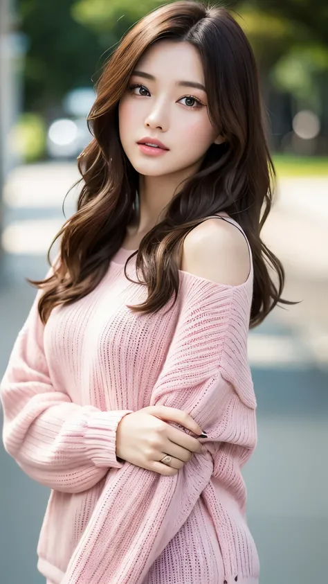 ((1 girl wearing a pink knit)), brown hair, wonderful face and eyes, pink eyes, (amazingly beautiful girl), brown hair, ((highest quality)), (super detailed), (very detailed CG 統合 8k 壁紙), very detailed, High resolution raw color photos, professional photog...