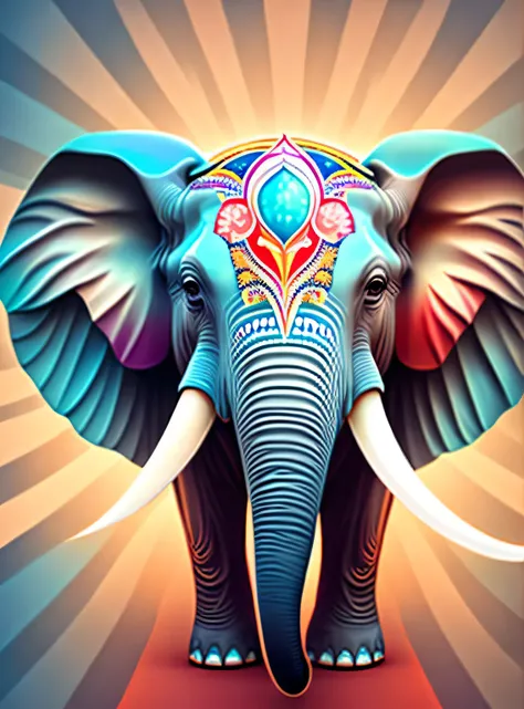 A kaleidoscope radiating joy with a majestic elephant head in the central vector, illustration