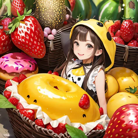 highest quality、detailed background、fruit and food costumes: fruit and candy costume、Gives a colorful and cute impression。for example、Strawberries or bananas、We also have costumes such as donuts.。