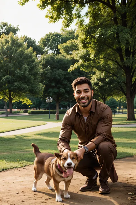 Handsome man with warm brown eyes and a playful smile, caught mid-laugh while playing with his dog in a park.