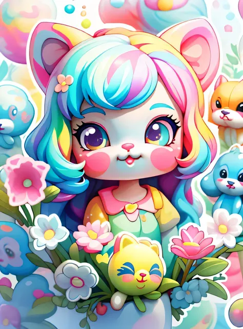 uma girafa de desenho animado , Muitas bolhas, Flores, , arte digital detalhada fofa, Retrato de uma Lisa Frank, arte digital fofa, estilo de arte dos desenhos animados, estilo de arte dos desenhos animados, colorful illustration, advanced digital chibi ar...