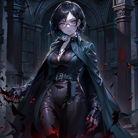 (High resolution, best quality, masterpiece) detail, intricate detail, realism, 1female, ((solo_focused)), single, one woman, physically fit, curvy, pale skin, vampire, fierce expression, dark eyes, (detailed eyes), red_rimmed eyes, sharpened fangs, closed...