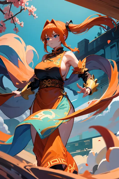 4K,High resolution,one woman,orange hair,long ponytail,blue eyes,big breasts,ancient chinese princess,fantasy long dress,side boob,ancient chinese royal family