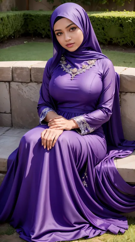 RAW, Best quality, high resolution, masterpiece: 1.3), beautiful Malay woman in hijab, Masterpiece, perfect fit body, big breasts,, beautiful big eyes, Soft smile, muslim ,close up, woman in a purple dress is sitting in a yard, modest flowing gown, purple ...