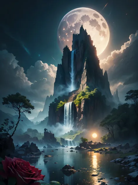 there is a large waterfall in the middle of a mountain, ancient city, epic matte painting of an island, the lost city of atlanti...