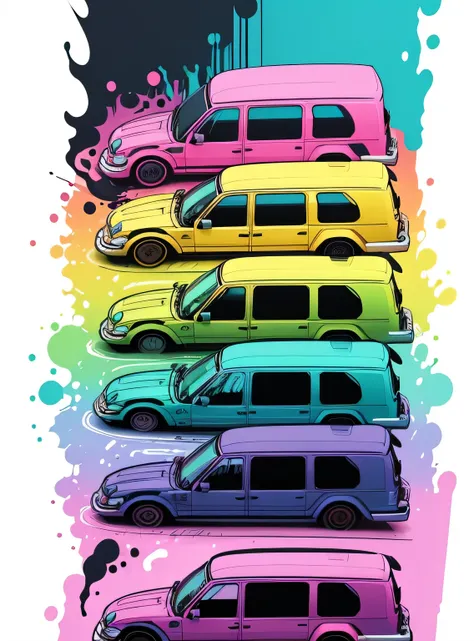 arte vetorial, Colorful illustration with graffiti Volkswagen minibus, No centro, Cores pastel, respingos de tinta e manchas, alto detalhe, fundo branco