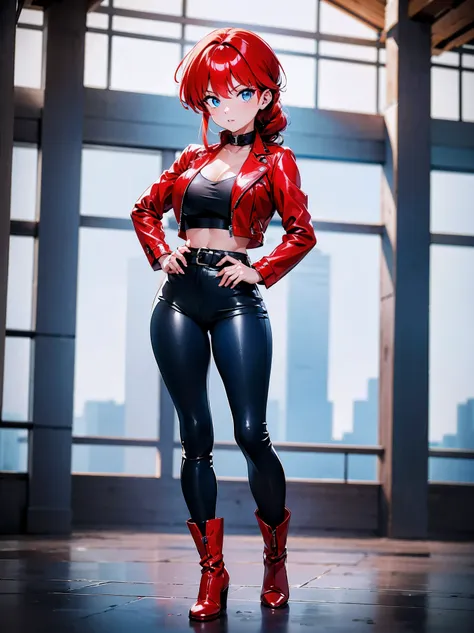 garota anime ruiva vestindo red leather jacket and blue leather pants, 16 anos, corpo bonito, botas pretas, leather boot shoes, ...