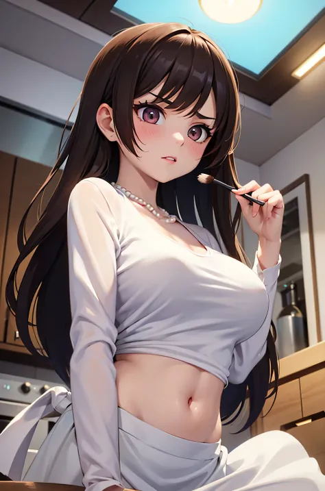 super fine illustration, vibrant colors, masterpiece, sharp focus, best quality, depth of field, cinematic lighting, ultra detailed, collarbone, plain t shirt, long sleeves, MILF, 1 woman, solo, midriff, tummy, belly button, large navel, kitchen, ceiling, ...