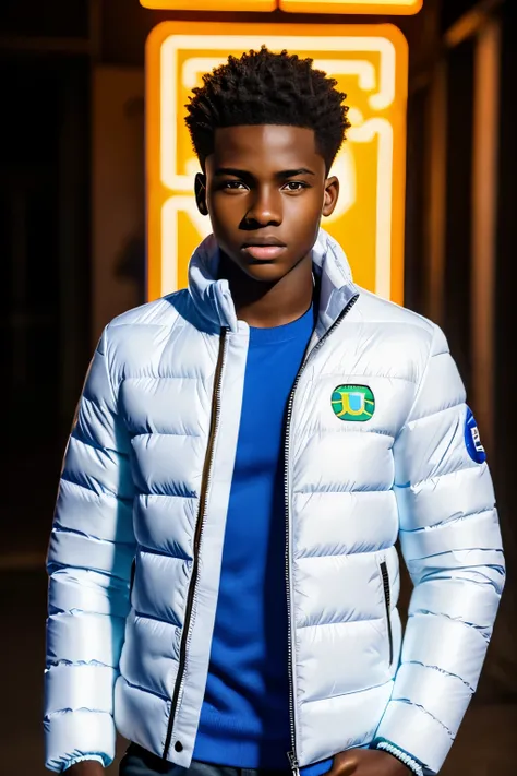 (handsome African teenage boy, front view, detailed face and expressions, vibrant neon lights, white puffer jacket, peaceful atmosphere, ultra-realistic rendering, 4k resolution, high-quality details, professional photography lighting)