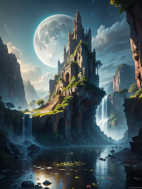 there is a large waterfall in the middle of a mountain, ancient city, epic matte painting of an island, the lost city of atlanti...