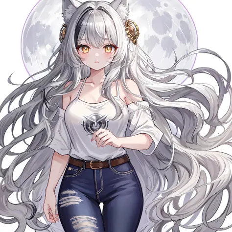 (best quality), masterpiece, extremely detailed CG uniform 8K illustration, multicolored hair, female werewolf with long wavy black hair with golden and silver streaks in hair, white wolf ears, white wolf tail, luminous silver eyes, slitted pupils,  body t...