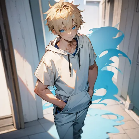 1male, teen, finely detailed blue eyes, messy short blonde hair, white tee shirt, loose oversized hoodie, loose jogging pant, walking down alley, posing with hand in pocket, light smile