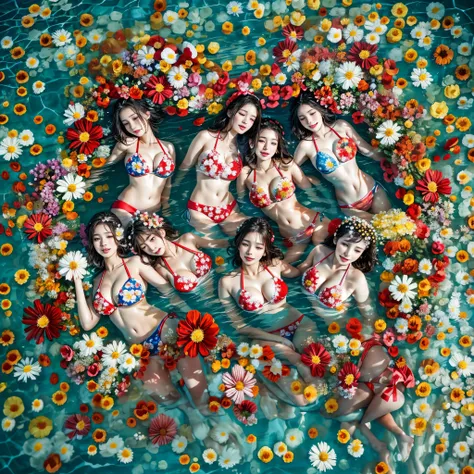 (Full of colorful flowers, White and Red, ((Overhead shot, From directly above))), (Acutance:0.85), ((NSFW:-0.95)), (Exposed:1.1), (((nipple:-0.99))) . ((Group photo of 6 girls (laying in a pool filled with flower:1.25))), { (Full of flowers covering and s...