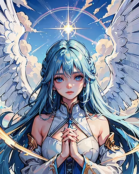 (masterpiece, best quality), solo, angel, (close eyes) ((muticolors hair)), (long light sky blue hair color), (rainbow hair colour), light blue eyes, white goddess dress, wings, golden accessories, blue crystal embodies, (halo), ((holding-hands together)),...