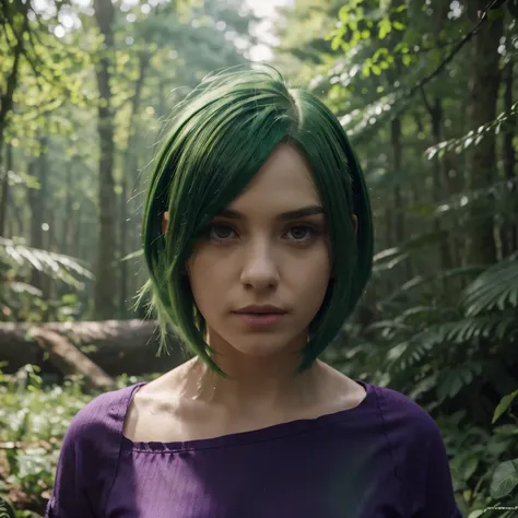 ratte867, 1girl, solo, (forest green hair:1.2), Asymmetrical haircut, (violet clothes:1.2) masterpiece, best quality, photorealistic, realistic, (RAW photo, 8k uhd, film grain), caustics, subsurface scattering 