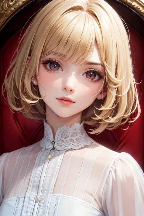 ((highest quality)), ((masterpiece)), (be familiar with), perfect face, Angel, wavy blonde, mannish bob, red eyes, white clothes