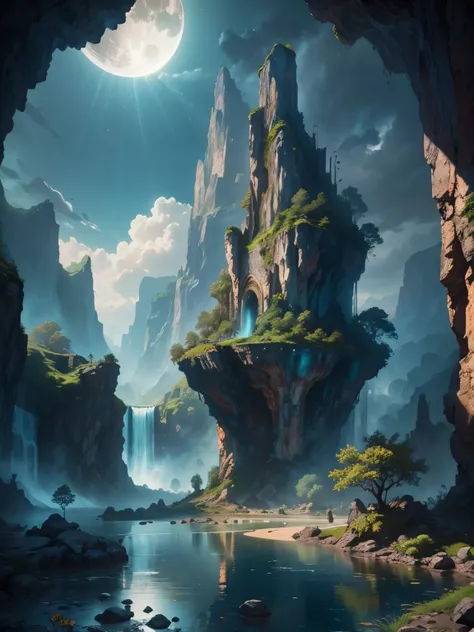 there is a large waterfall in the middle of a mountain, ancient city, epic matte painting of an island, the lost city of atlanti...