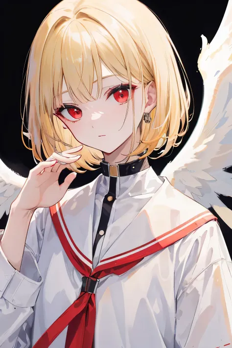 ((highest quality)), ((masterpiece)), (be familiar with), perfect face, Angel, wavy blonde, mannish bob, red eyes, white clothes