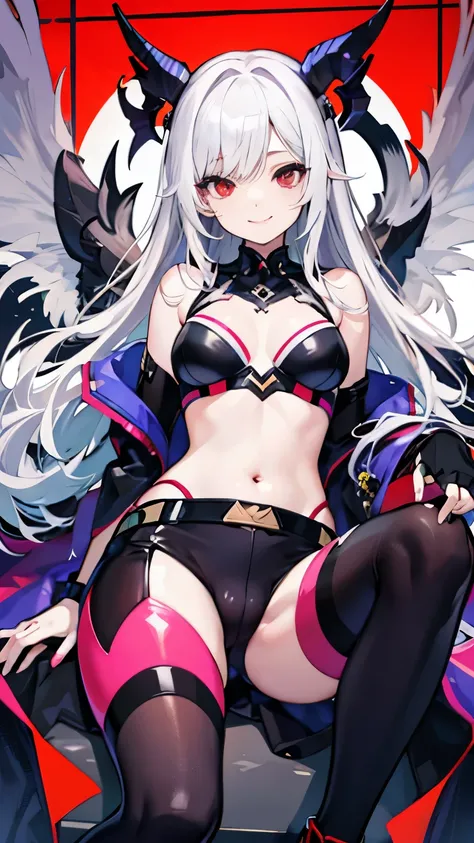 pale skin，dark风，long white hair，black eye shadow，red eyes，Abstinence，dark，goat horn，succubus，Open the legs，Smile，Contemptuous eyes，mocking look，Battle damage，Broken clothes，playful，Transparent underwear，camel toe，sitting，hot pants，Mecha