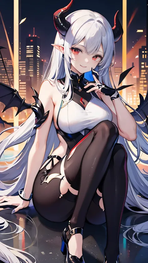 pale skin，dark风，long white hair，black eye shadow，red eyes，Abstinence，dark，goat horn，succubus，Open the legs，Smile，Contemptuous eyes，mocking look，Battle damage，Broken clothes，playful，Transparent underwear，camel toe，sitting，hot pants，Mecha