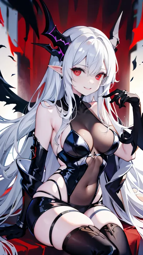 pale skin，dark风，long white hair，black eye shadow，red eyes，Abstinence，dark，goat horn，succubus，Open the legs，Smile，Contemptuous eyes，mocking look，Battle damage，Broken clothes，playful，Transparent underwear，camel toe，sitting，hot pants，Mecha