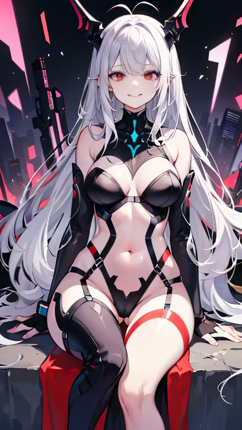 pale skin，dark风，long white hair，black eye shadow，red eyes，Abstinence，dark，antenna，succubus，Open the legs，Smile，Contemptuous eyes，mocking look，Battle damage，Broken clothes，playful，Transparent underwear，camel toe，sitting，hot pants，Mecha