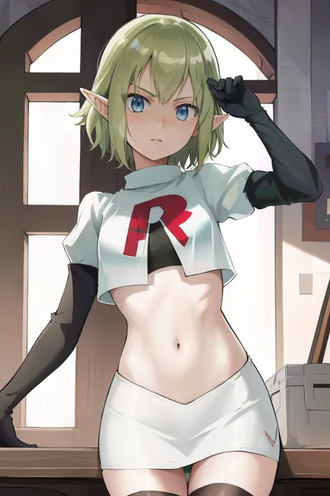 masterpiece,best quality,anime,2d,detailed face,
1girl, solo, pointy ears, blue eyes,green hair, looking at viewer, short hair, indoors, elf,medium breasts, team rocket,team rocket uniform, red letter R, white skirt,white crop top,black thigh-highs,black e...