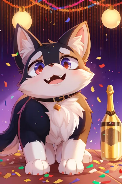 A sophisticated Muppet cat, with polished paws and a slick tuxedo, elegantly uncorks a champagne bottle at the stroke of midnight. The cork pops with a satisfying "pop" as a shower of sparkling liquid and confetti fills the air in celebration of the New Ye...