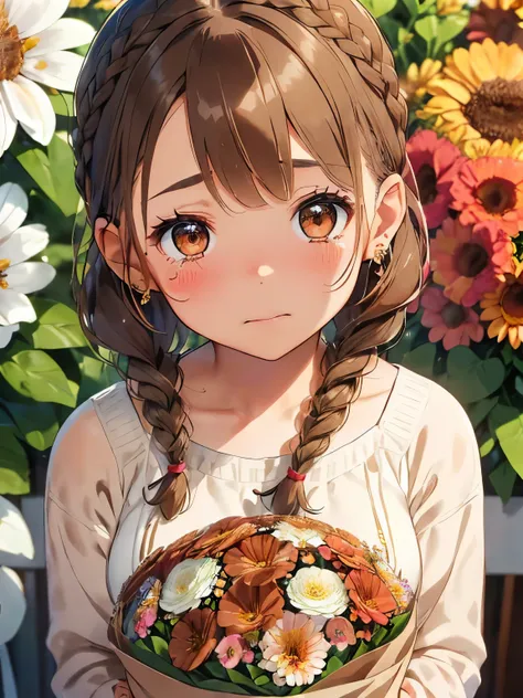 ((light brown hair)),((brown eyes)),((Braided shorthair)),((With bangs)),((fashion//Casual American coordinate:1.3)),((🇺🇸:1.25)),((Have a large bouquet)),((lots of flowers:1.35)),(blush),((sad teary-eyed face:1.2)),(close up of face:1.3),((celebration)),