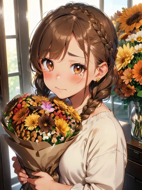 ((light brown hair)),((brown eyes)),((Braided shorthair)),((With bangs)),((fashion//Casual American coordinate:1.3)),((🇺🇸:1.25)),((Have a large bouquet)),((lots of flowers:1.35)),(blush),((sad teary-eyed face:1.2)),(close up of face:1.3),((celebration)),