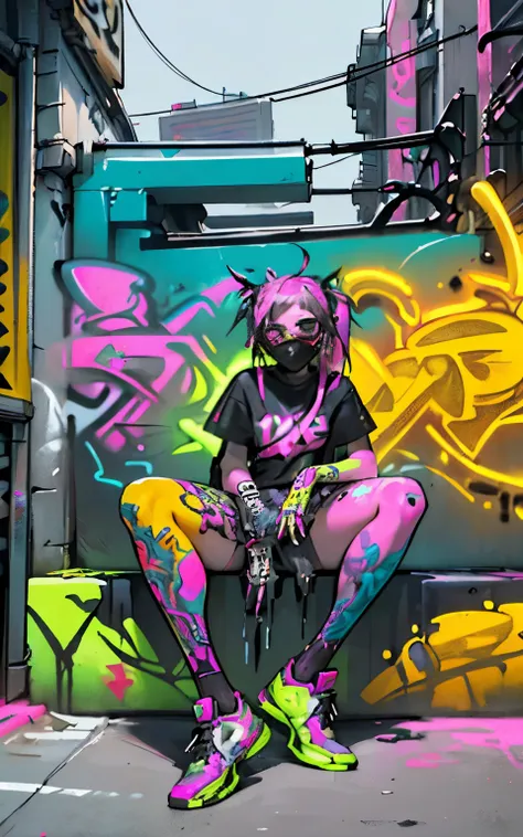 HD, (Best Detail) (Best Quality), Aalfi woman in sunglasses sitting in chair on sofa, (((Graffiti art))), (((Trigger studio style, graffiti art, rock punk, neon colors))), Carne Griffiths
