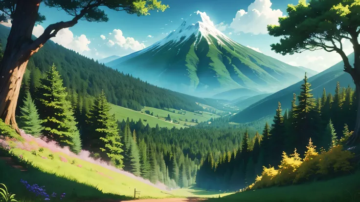 anime wallpaper forest, with a green mountain in the background, digimon anime style, 8k