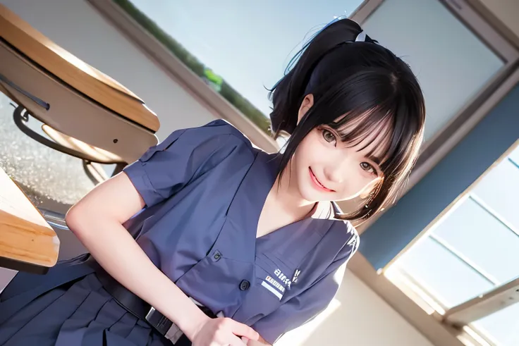 japan high school classroom,a female student is sitting on a chair and looking at me.,he wears a white uniform with a blue ribbo...