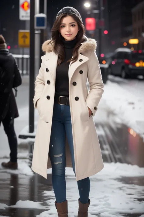 Full body shot of a breathtaking 27-year-old Mexican woman, standing against the backdrop of a New York city subway station during a snowfall. Despite the harsh winter elements, she exudes absolute beauty and radiance. Her long, glossy hair is tucked under...